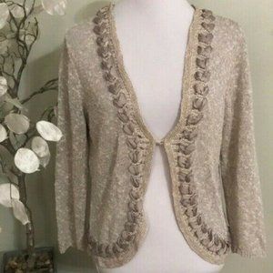 COLDWATER CREEK TAN CARDIGAN RIBBON TRIM